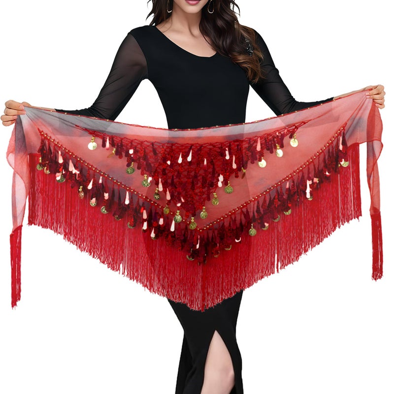 MUNAFIE Belly Dance Hip Scarf with Tassels Sequins, Triangle Coins Wrap Skirt Music Festival Clothing Skirt RED - Image 1