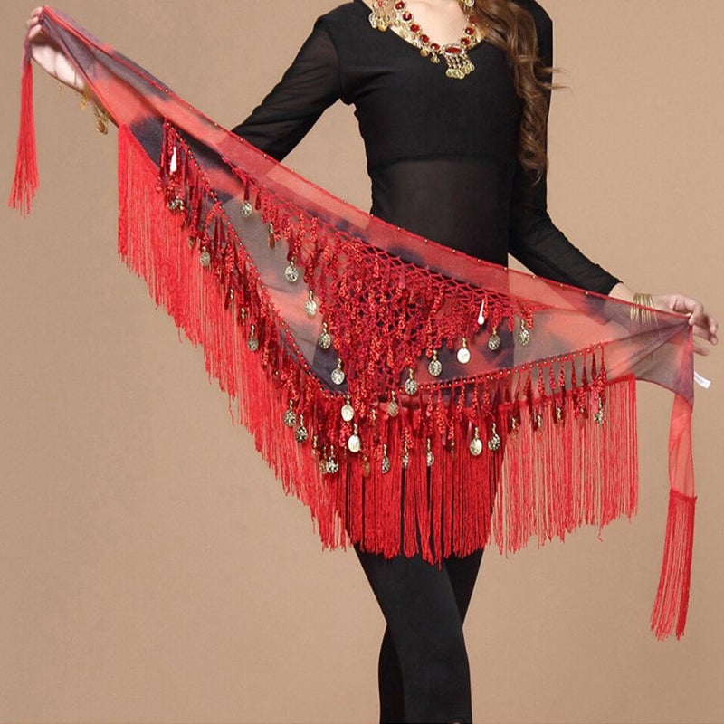 MUNAFIE Belly Dance Hip Scarf with Tassels Sequins, Triangle Coins Wrap Skirt Music Festival Clothing Skirt RED - Image 3