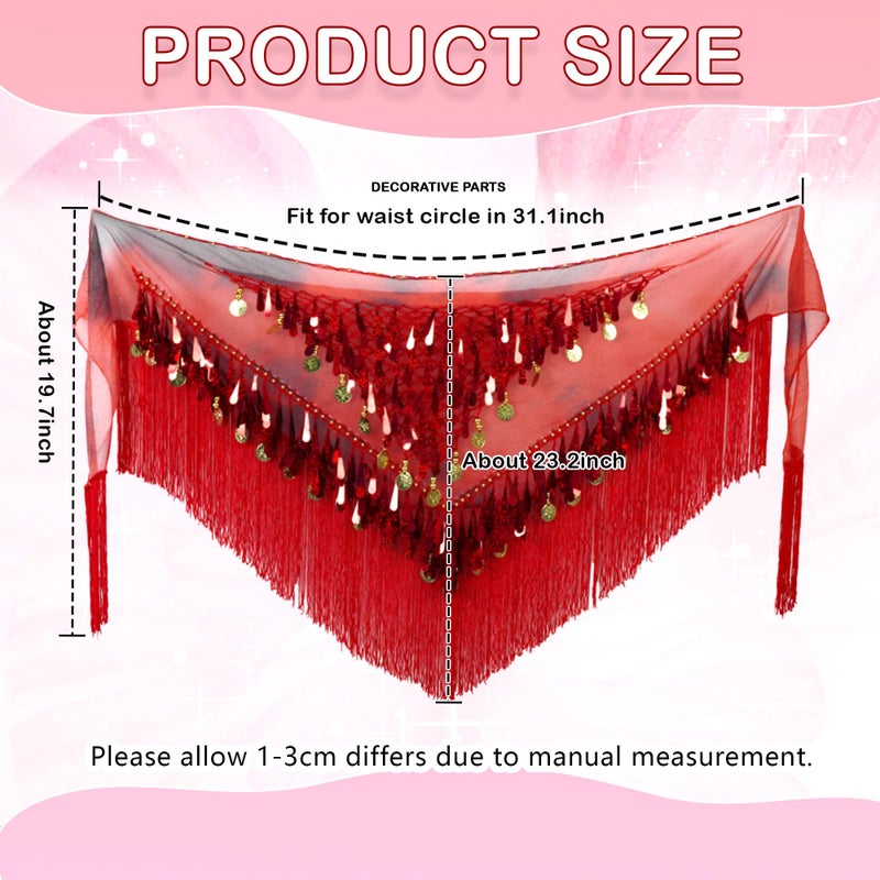 MUNAFIE Belly Dance Hip Scarf with Tassels Sequins, Triangle Coins Wrap Skirt Music Festival Clothing Skirt RED - Image 4