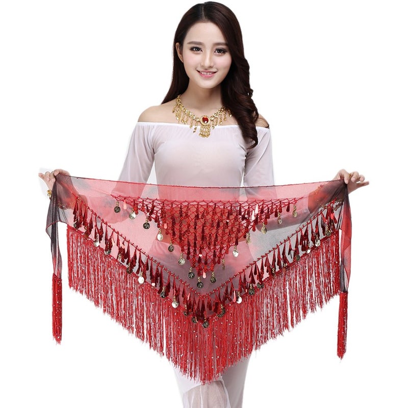 MUNAFIE Belly Dance Hip Scarf with Tassels Sequins, Triangle Coins Wrap Skirt Music Festival Clothing Skirt RED - Image 2