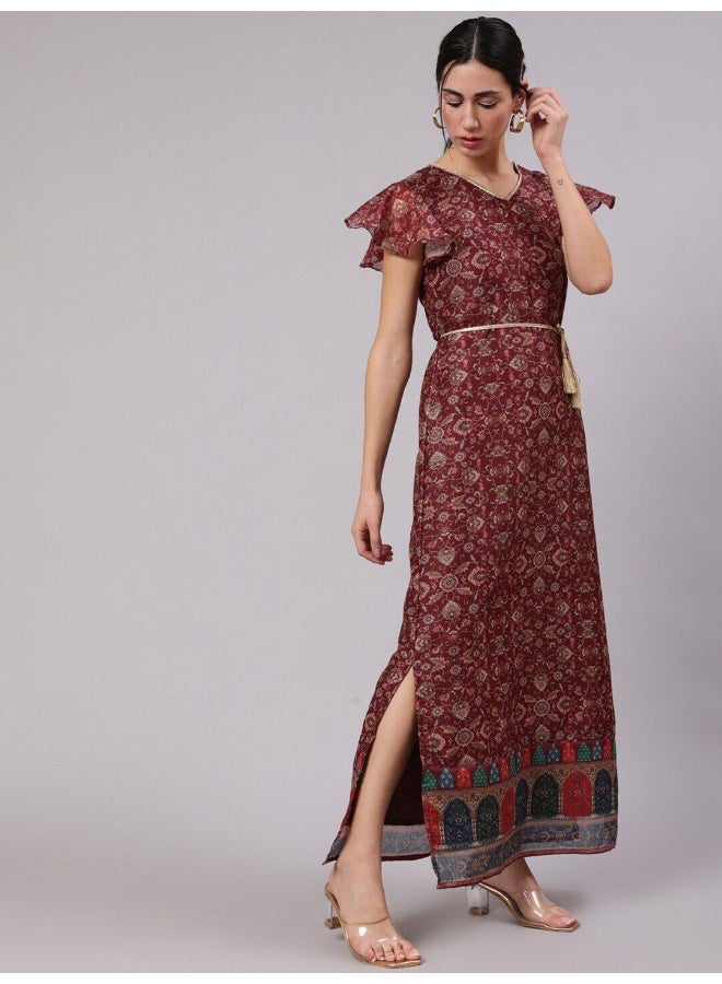 AKS Burgundy Digital Print Slit Maxi Dress  - Image 1