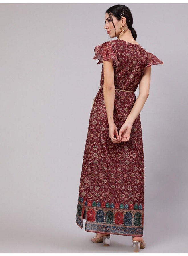 AKS Burgundy Digital Print Slit Maxi Dress  - Image 4