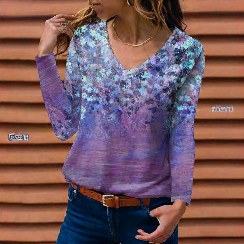 Women's V-Neck Printed Long Sleeve T-Shirt Top - Image 4
