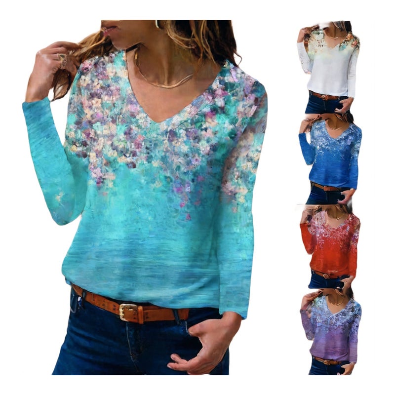Women's V-Neck Printed Long Sleeve T-Shirt Top - Image 1