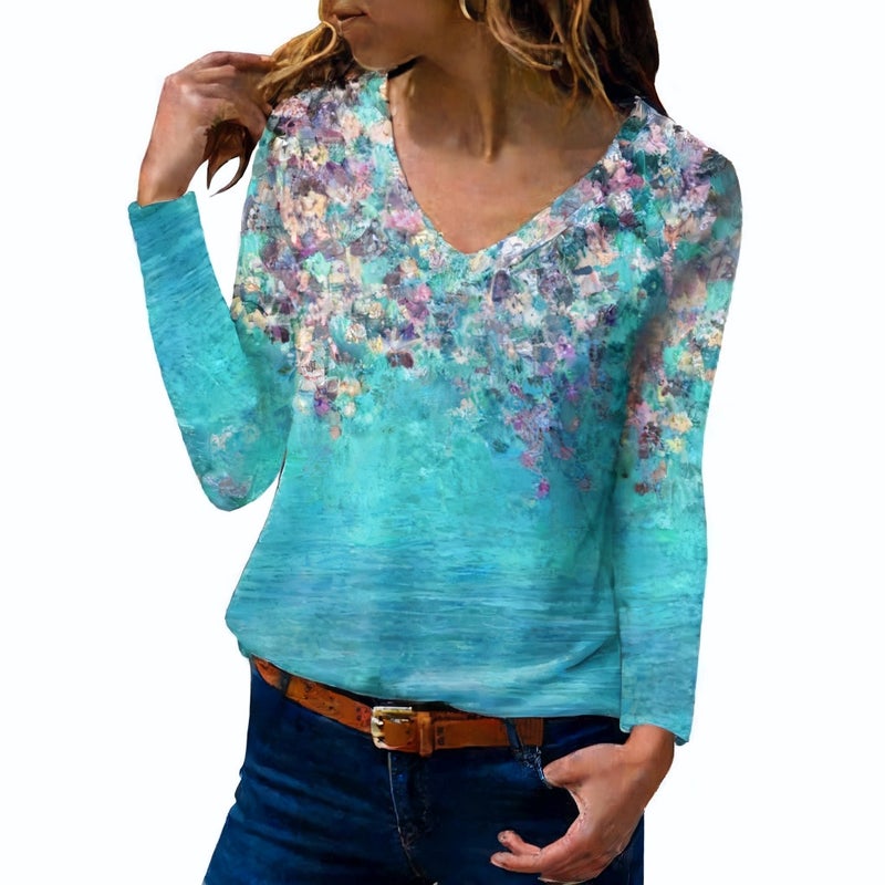 Women's V-Neck Printed Long Sleeve T-Shirt Top - Image 5