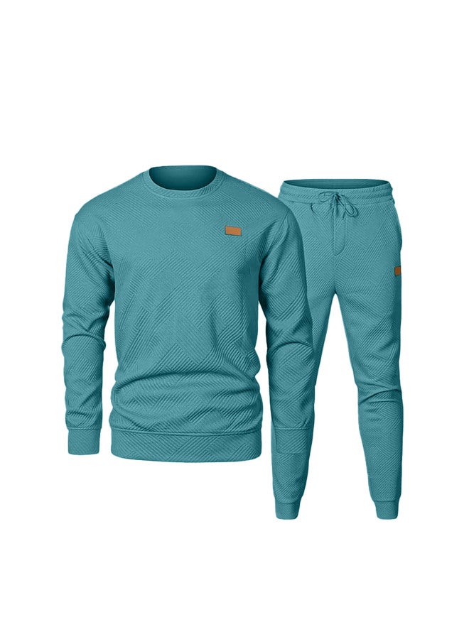 SPRING Autumn Men's Hoodie Sport Casual Solid Color Round Neck Jacquard Knit Sweater Two-piece Set Long Sleeve Long Pants - Image 1