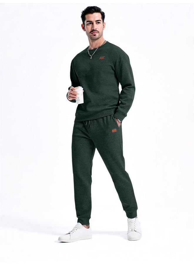 SPRING Autumn Men's Hoodie Sport Casual Solid Color Round Neck Jacquard Knit Sweater Two-piece Set Long Sleeve Long Pants - Image 4