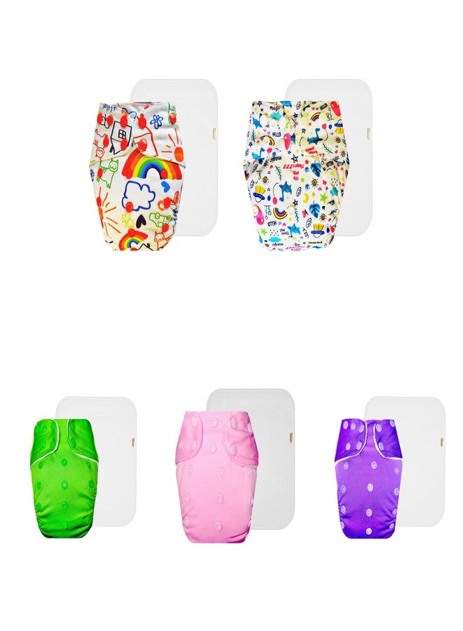 Dumbledo Premium Cloth Diaper with Cotton Insert (Pack of 5) | Hypoallergenic | 6-Layer Absorbent Pad | Quick Dry | All-Day Wear | 3 Months - 3 Years | Unisex Baby - Image 1