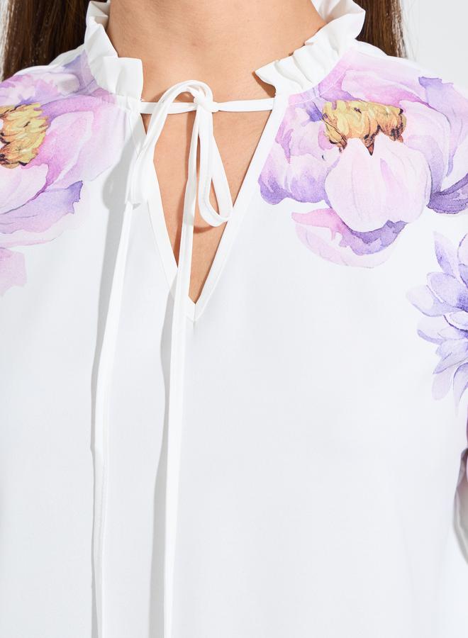 Styli Floral Placement Print Tie-Up Neck Blouse - Image 4