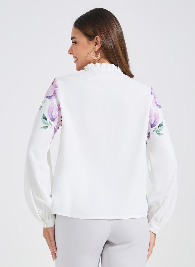 Styli Floral Placement Print Tie-Up Neck Blouse - Image 5