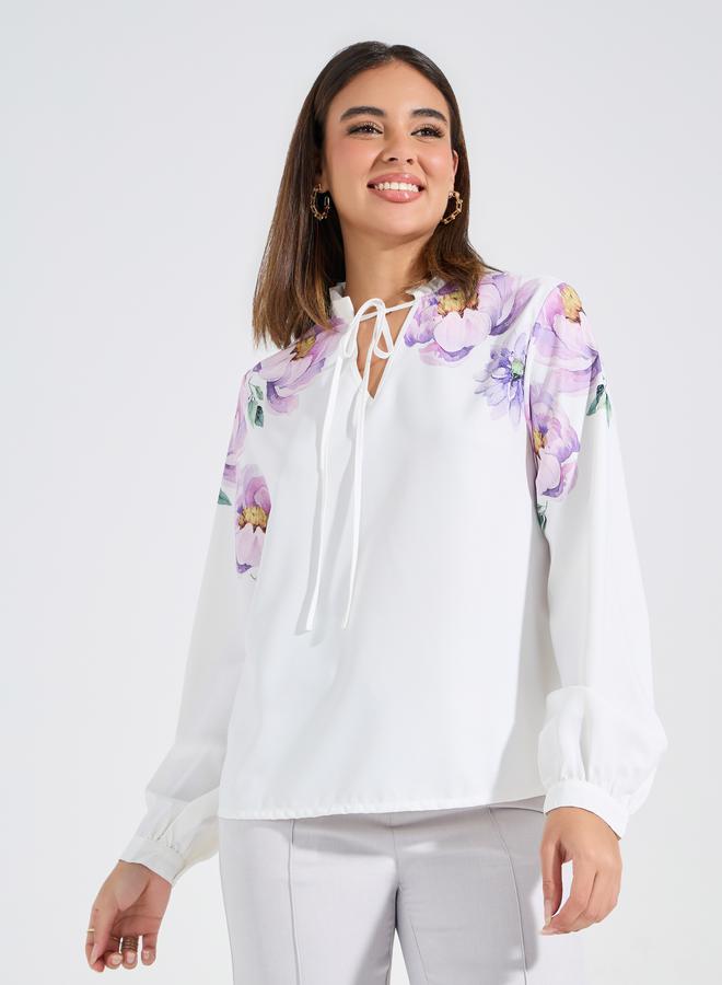 Styli Floral Placement Print Tie-Up Neck Blouse - Image 2