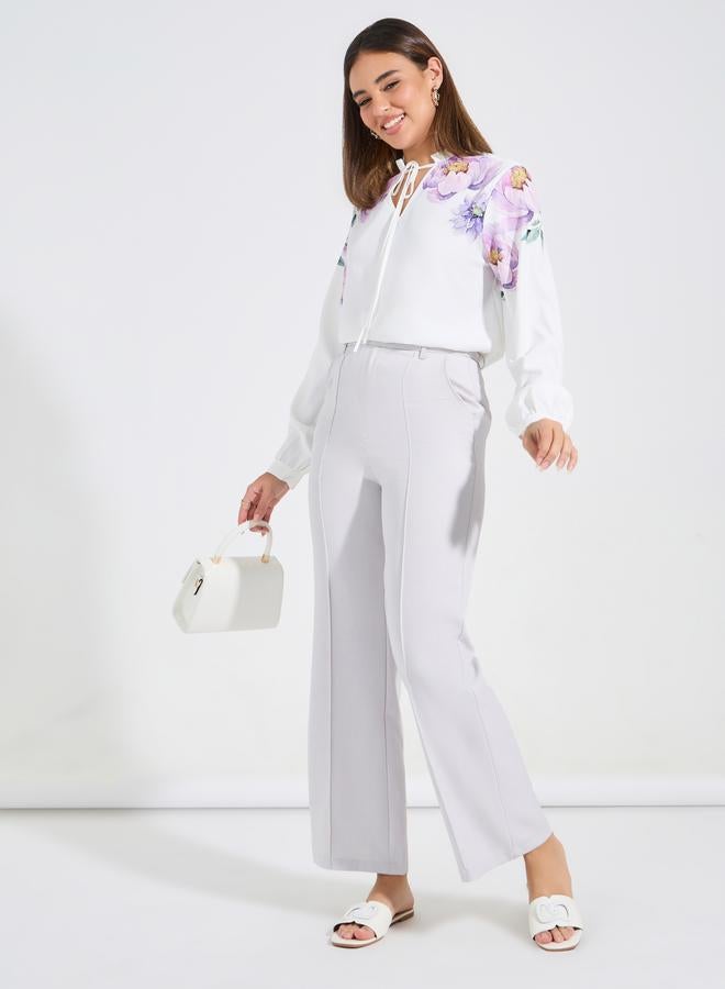 Styli Floral Placement Print Tie-Up Neck Blouse - Image 3