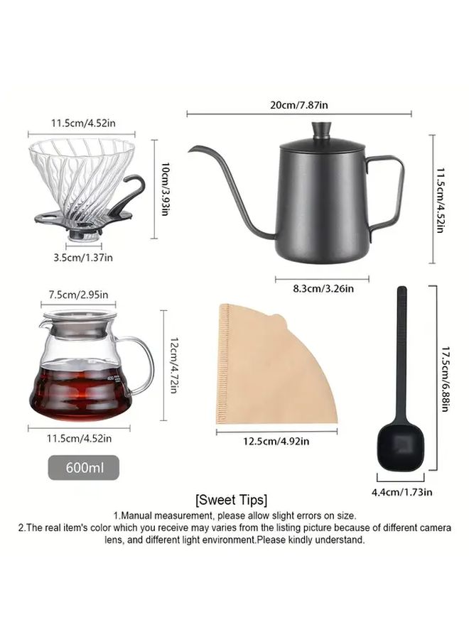 Black Stainless Steel Pour Over Coffee Kettle And Glass Coffee Server Set With Borosilicate Coffee Carafe Lid Cone Glass Coffee Dripper Long Handle Spoon And 100 V60 Filter Papers - Image 3