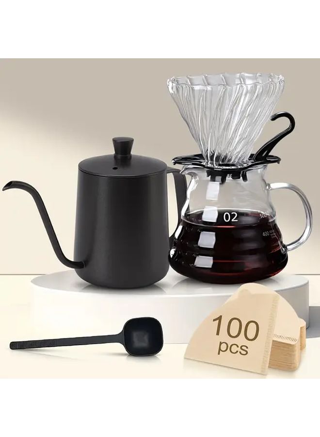 Black Stainless Steel Pour Over Coffee Kettle And Glass Coffee Server Set With Borosilicate Coffee Carafe Lid Cone Glass Coffee Dripper Long Handle Spoon And 100 V60 Filter Papers - Image 4