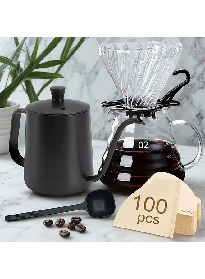 Black Stainless Steel Pour Over Coffee Kettle And Glass Coffee Server Set With Borosilicate Coffee Carafe Lid Cone Glass Coffee Dripper Long Handle Spoon And 100 V60 Filter Papers - Image 1