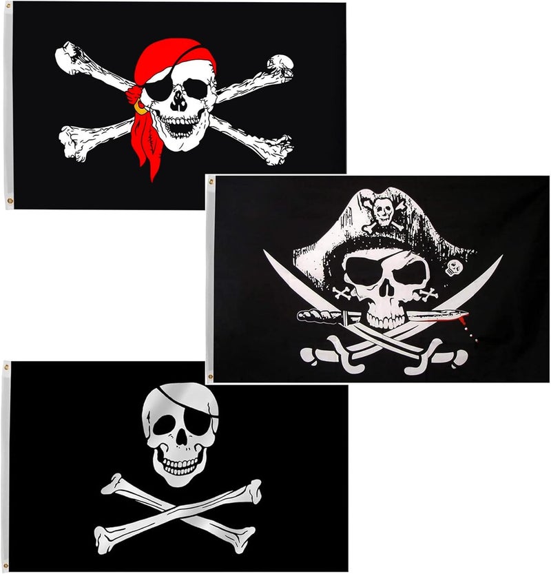 Time Roaming 3x5 Ft Jolly Roger Pirate Polyester Flag with Brass Grommets (Dead Man's Chest + Red Bandana + Skull and Crossbones) - Image 1