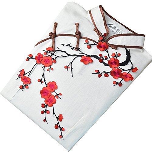 FJTANG 1pcs Big Plum Blossom Iron On Patches Embroidery Flower Appliques 141x75 36x19cm RedBlack
