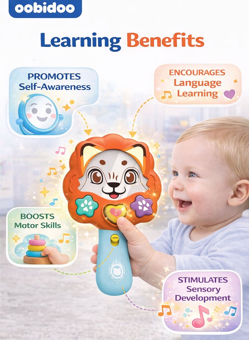 Oobidoo Baby Musical Mirror Cat Toy for Infants 0+ Months, Interactive Light Up Mirror Toy with Sound Effects Music Songs Peek A Boo Function, Educational Sensory Development Toy for Babies Toddlers, Handheld Safe Mirror Learning Toy with Lights & Music - Image 3