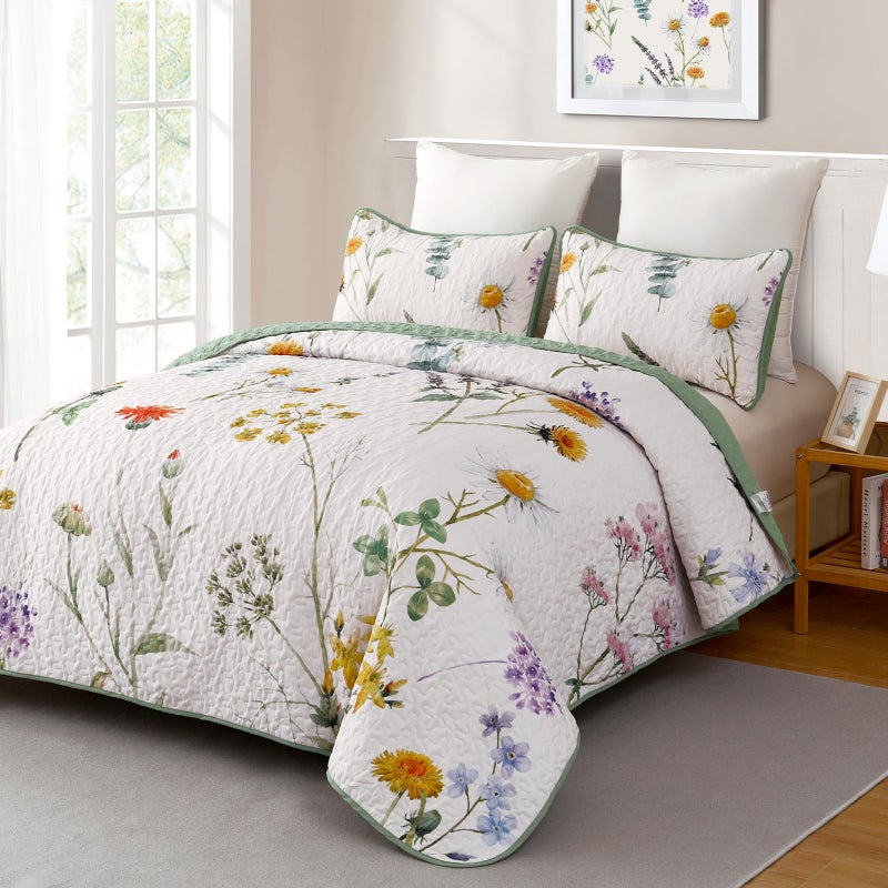 Dobuyly Floral Quilt Set King Size Green Yellow Botanical Flower Quilt Bedding Set 3 Pieces Soft Lightweight Microfiber Bedspread Coverlet Set for All Season 104x90 - Image 2
