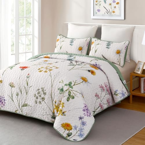 Dobuyly Floral Quilt Set King Size Green Yellow Botanical Flower Quilt Bedding Set 3 Pieces Soft Lightweight Microfiber Bedspread Coverlet Set for All Season 104x90 - Image 1