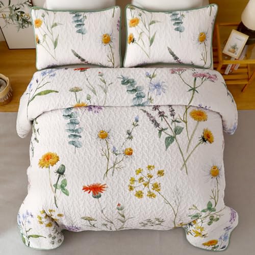 Dobuyly Floral Quilt Set King Size Green Yellow Botanical Flower Quilt Bedding Set 3 Pieces Soft Lightweight Microfiber Bedspread Coverlet Set for All Season 104x90 - Image 3