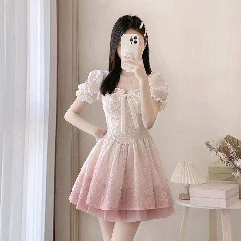 2024 Summer Gradient Pink Sweet Dress for Women Gradient powder (order first look at the real picture) 