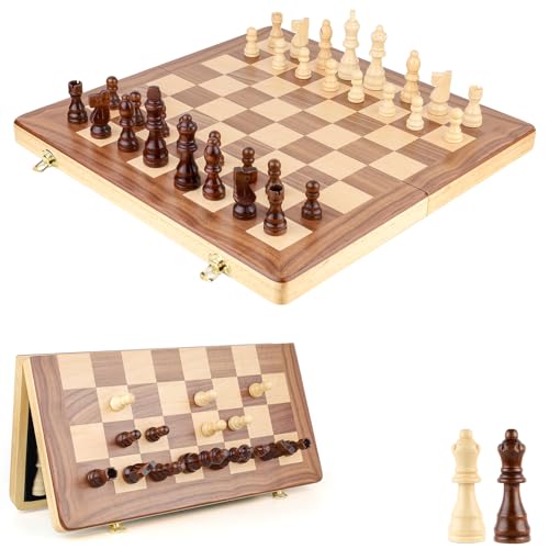 RERIVER 15 Inch Magnetic Wooden Chess Game Set Classic Folding Board Games with Felted Game Board Interior for Storage 2 Extra Queens Pieces Storage Slots - Image 1