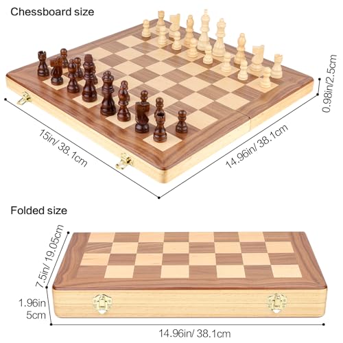 RERIVER 15 Inch Magnetic Wooden Chess Game Set Classic Folding Board Games with Felted Game Board Interior for Storage 2 Extra Queens Pieces Storage Slots - Image 5