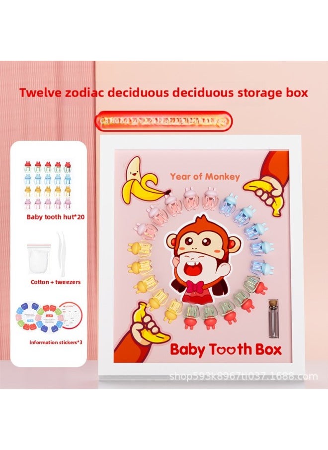 Generic Deciduous Teeth Storage Box Children's Teeth Collection Box Replacement Teeth Memory Girl's Deciduous Teeth Box Lanugo Hair Preservation Box-Specifications:Cartoon Princess-Zodiac Monkey [wooden Frame]]  - Image 1