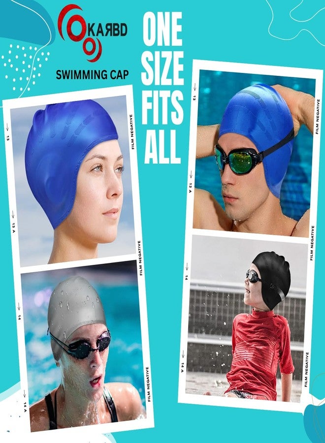 KARBD Silicone Swimming Cap with Ear & Hair Protection Unisex Water Sports Long Hair Cover for Kids Teens Adults (Universal Size, Ear Protection Light Blue White Dark Blue) - Image 2