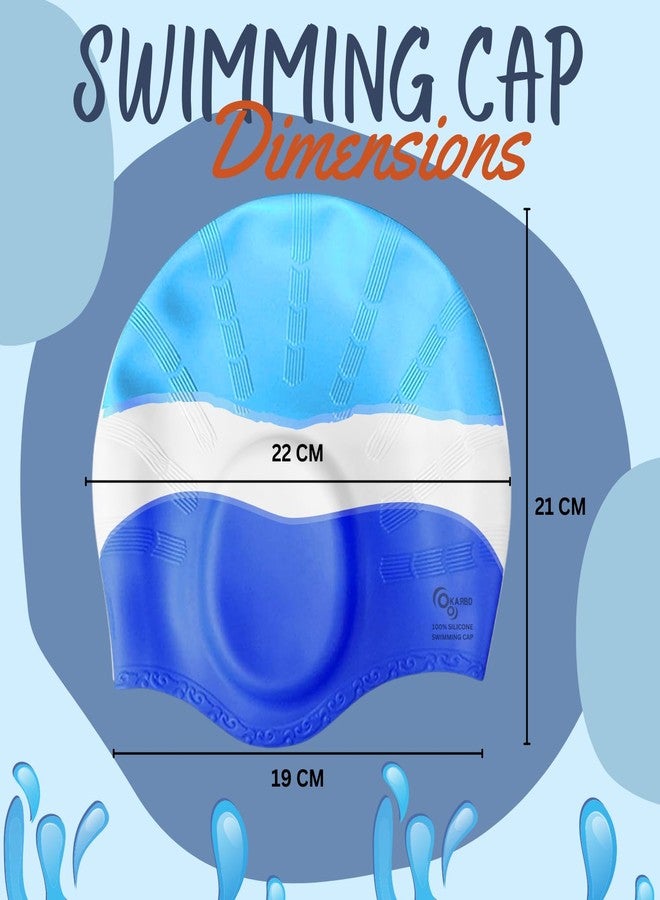 KARBD Silicone Swimming Cap with Ear & Hair Protection Unisex Water Sports Long Hair Cover for Kids Teens Adults (Universal Size, Ear Protection Light Blue White Dark Blue) - Image 3