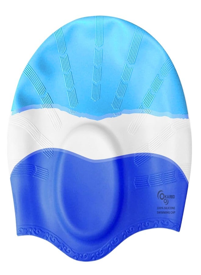 KARBD Silicone Swimming Cap with Ear & Hair Protection Unisex Water Sports Long Hair Cover for Kids Teens Adults (Universal Size, Ear Protection Light Blue White Dark Blue) - Image 1