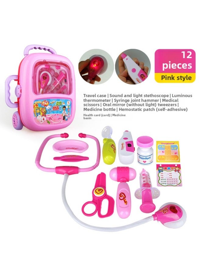 Children's Doctor Toy Trolley Case Set Boys And Girls Play House Simulation Medical Tools Travel Suit Sound And Light Toys Cross-Border-Color:527A Pink 12-piece Set (functional) - Image 1