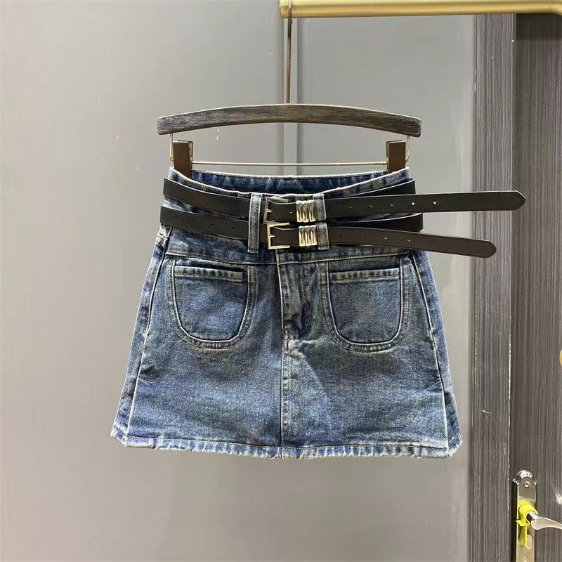 Girls' 2025 Spring New Korean Style Elastic Double Belt Slit Flap Pocket Pants Denim Half-Length High-Waisted A-Line Skirt - Image 2