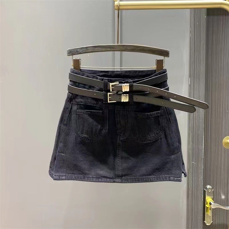 Girls' 2025 Spring New Korean Style Elastic Double Belt Slit Flap Pocket Pants Denim Half-Length High-Waisted A-Line Skirt - Image 3