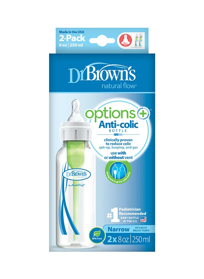 Dr. Brown’s Pack Of 2 Anti Colic Narrow Options Plus Baby Feeding Bottle, 2 X 250 ML, 0 Months +