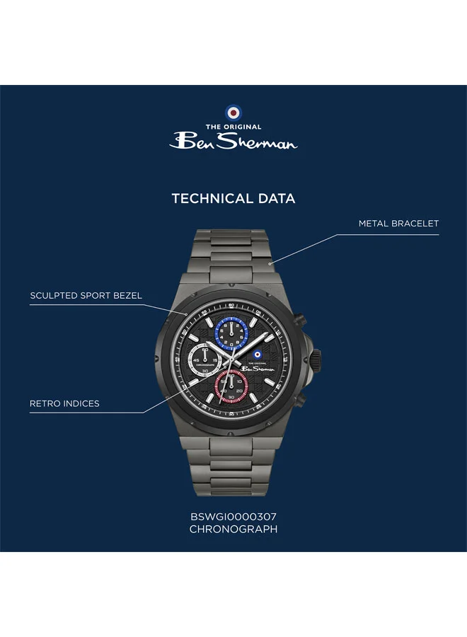 Ben Sherman Black Manchester  Black Dial Gunmetal Stainless Steel Bracelet Chronograph Watch for Men, 43mm for Men | Best Price UAE