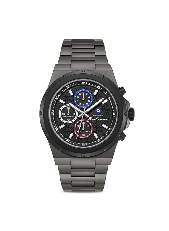 بين شيرمان Manchester  Black Dial Gunmetal Stainless Steel Bracelet Chronograph Watch for Men, 43mm