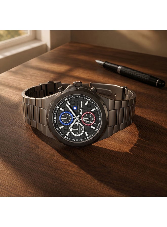 Ben Sherman Manchester  Black Dial Gunmetal Stainless Steel Bracelet Chronograph Watch for Men, 43mm - Image 4