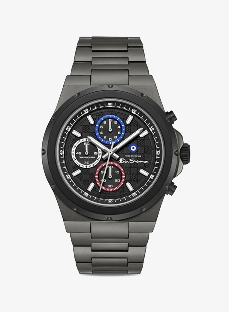 Ben Sherman Manchester  Black Dial Gunmetal Stainless Steel Bracelet Chronograph Watch for Men, 43mm