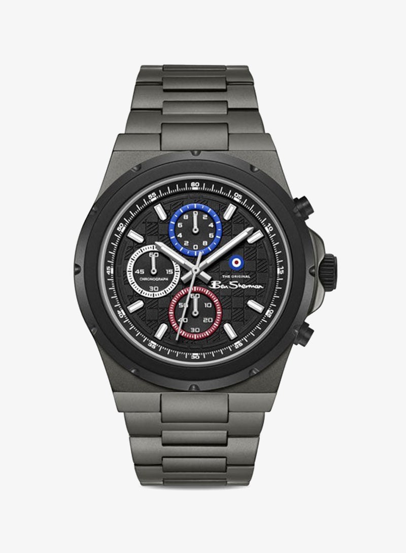 Ben Sherman Manchester  Black Dial Gunmetal Stainless Steel Bracelet Chronograph Watch for Men, 43mm - Image 1