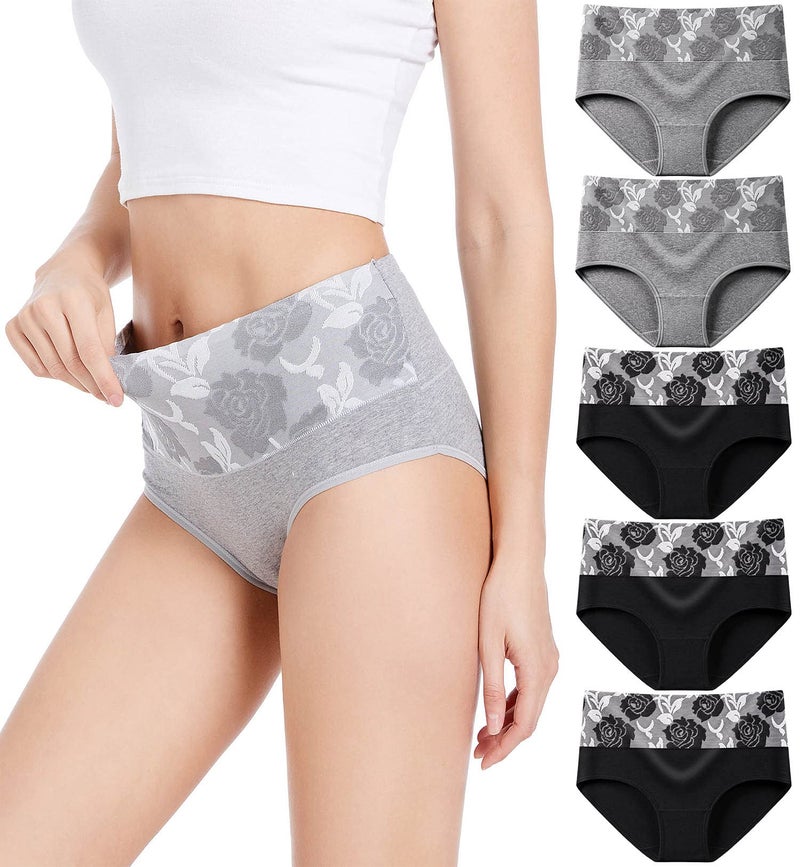 HAVVIS Women's Briefs Underwear Cotton High Waist Tummy Control Panties Rose Jacquard Ladies Panty Multipack (Brief 03-5 Pack - 3black,2grey, Large) - Image 1