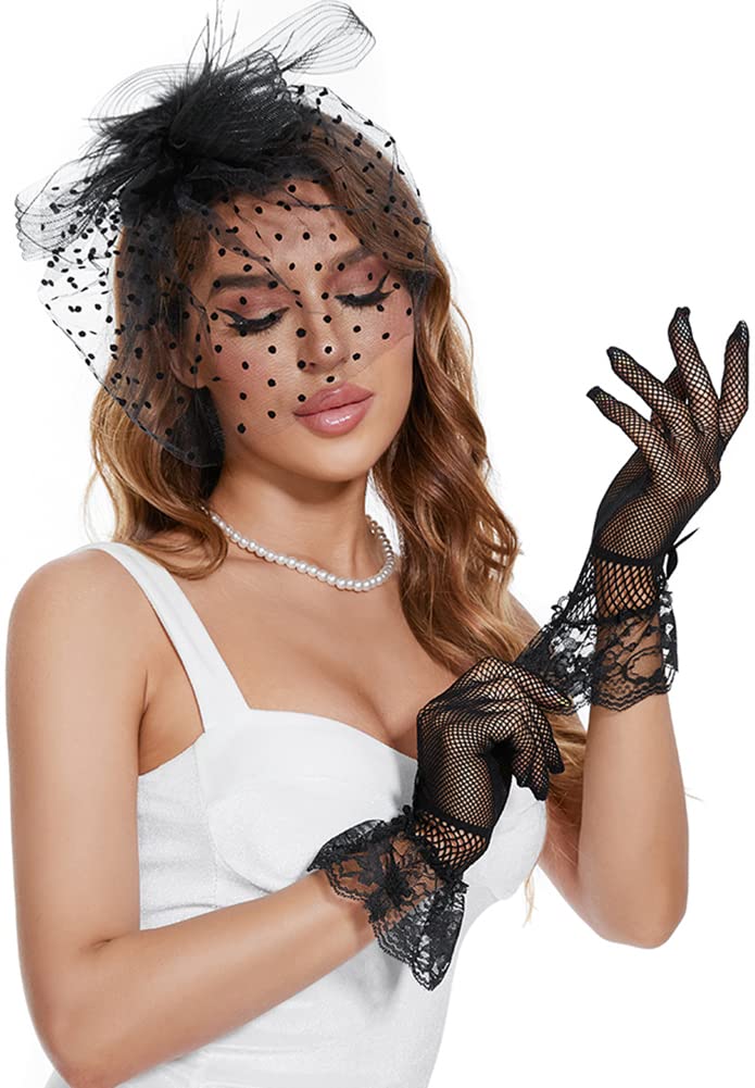 GurZinn 3 Pieces Fascinator Mesh Lace Headband Bridal Wedding Veil Tea Party and Short Lace Gloves - Image 1