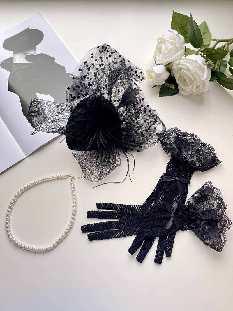 GurZinn 3 Pieces Fascinator Mesh Lace Headband Bridal Wedding Veil Tea Party and Short Lace Gloves - Image 5