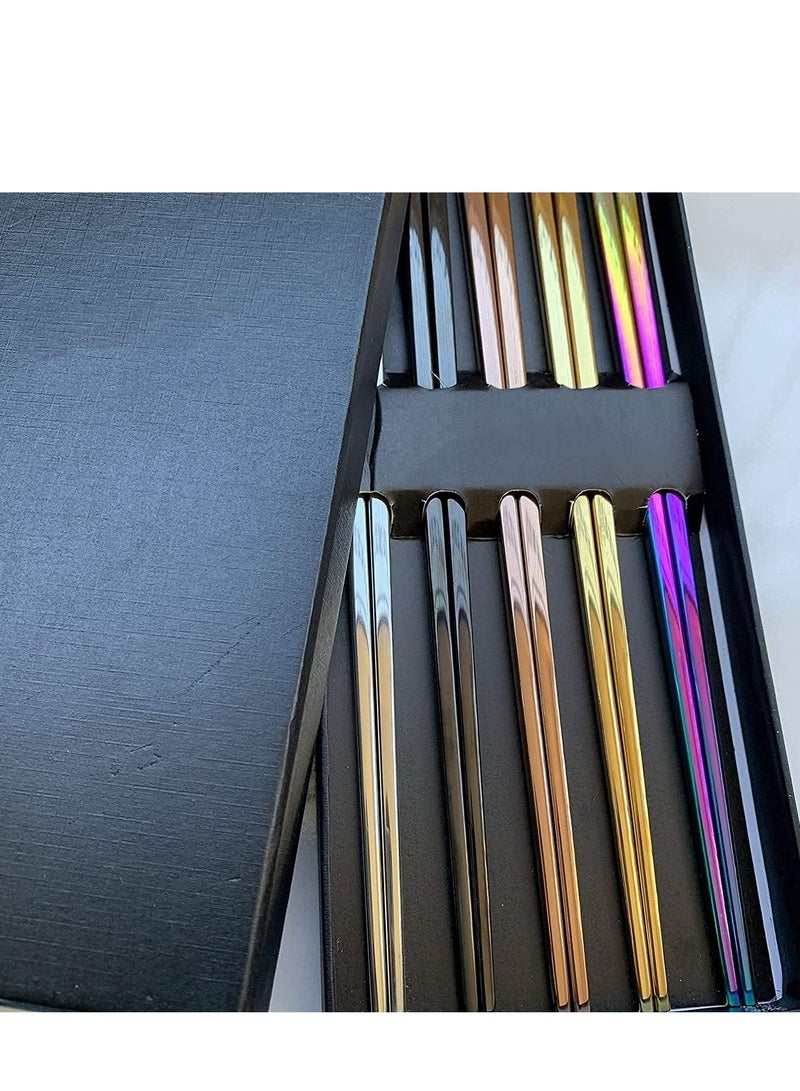 Stainless Steel Chopsticks-Multicolor Reusable Chopsticks-5 Pairs Dishwasher Safe Metal Chopsticks-Easy to Use-Square Lightweight Chopsticks Stick-Gift Set, Kitchen, Tableware
