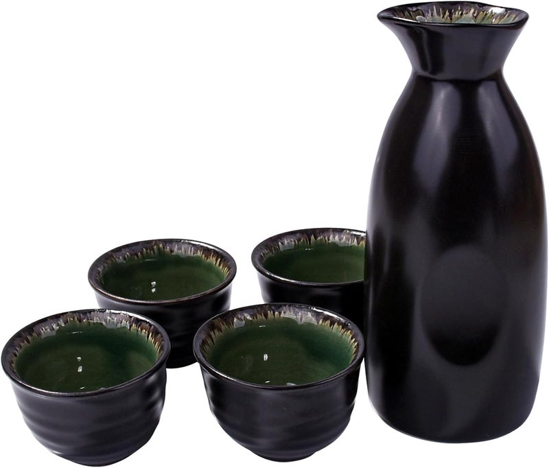 Whitenesser Japanese Black Sake Set of 5,1 Pieces Ceramic Sake Bottle and 4 Sake Cups - Image 1