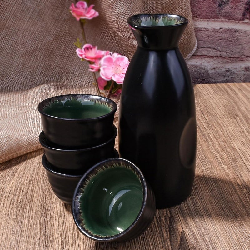 Whitenesser Japanese Black Sake Set of 5,1 Pieces Ceramic Sake Bottle and 4 Sake Cups - Image 3