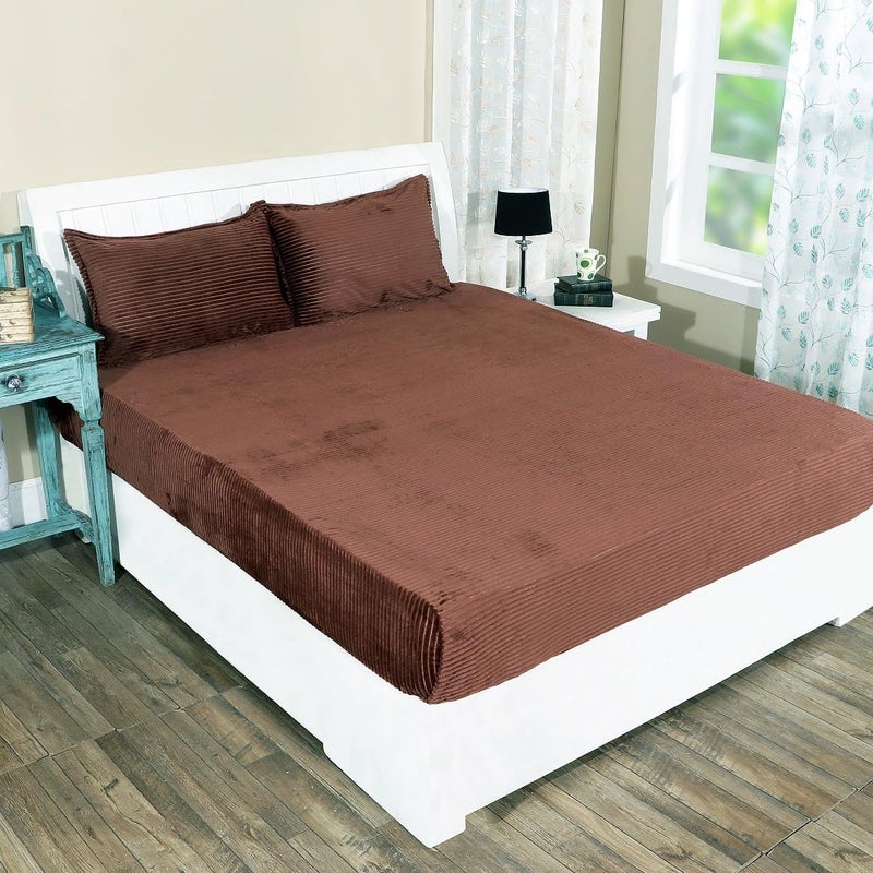 YETLI Pencil Warm Supersoft Smooth Flannel Minky Woollen Winter 1 Fitted Double bedsheet with 2 Pillow Covers - Brown - Image 1