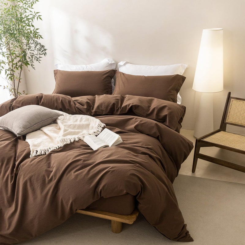 BDEAR Linen Feel Cocoa Brown Duvet Cover Queen Size 90'' L x 90'' W, Percale 100% Washed Cotton Duvet Cover with Zipper Closure Plus 2 Pillowcases, Oeko TEX Standard Certificated - Image 2