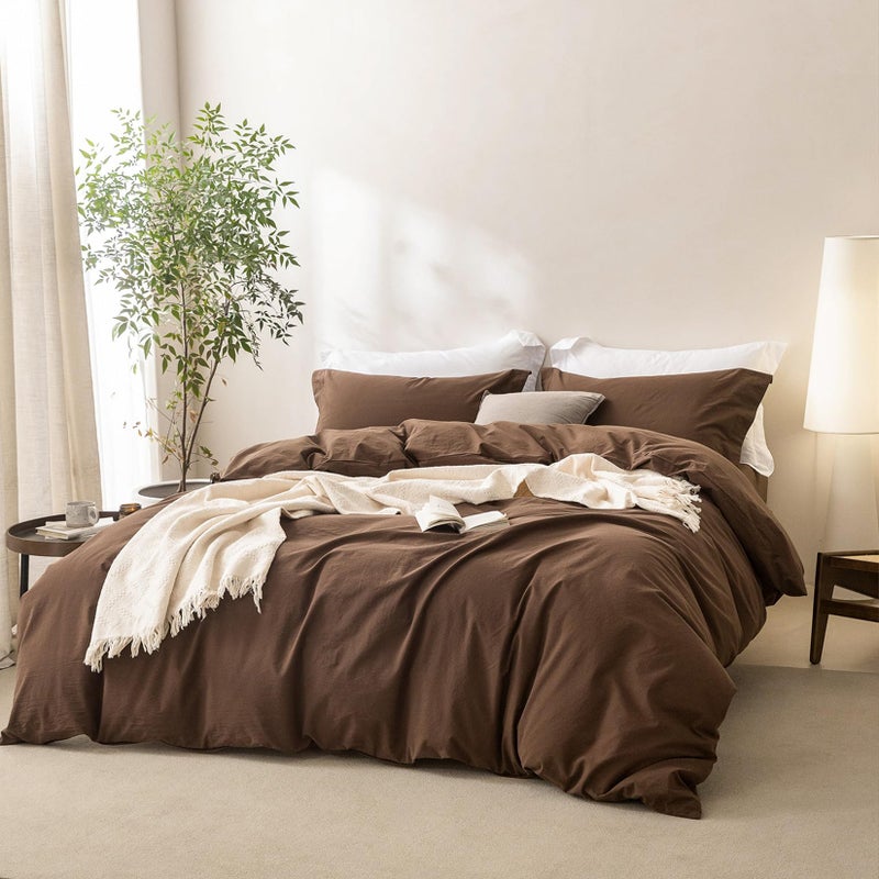 BDEAR Linen Feel Cocoa Brown Duvet Cover Queen Size 90'' L x 90'' W, Percale 100% Washed Cotton Duvet Cover with Zipper Closure Plus 2 Pillowcases, Oeko TEX Standard Certificated - Image 1